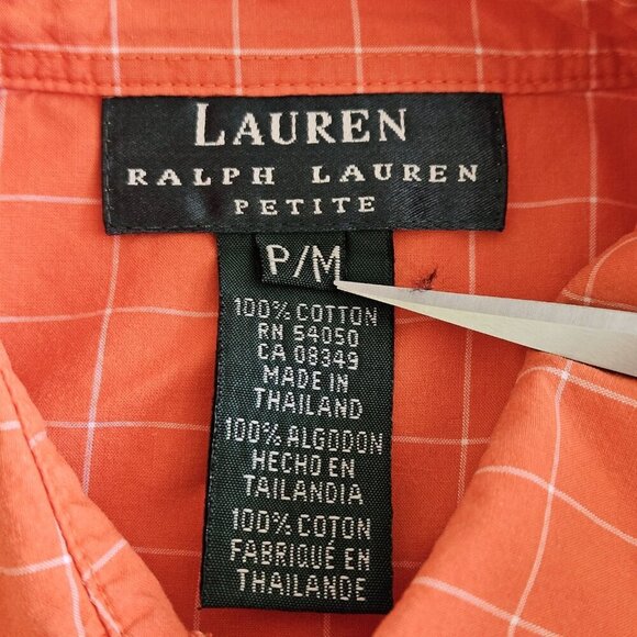 Lauren Ralph Lauren Top Womens Petite M Orange Plaid Cropped LS Tie Front Preppy - Picture 3 of 16